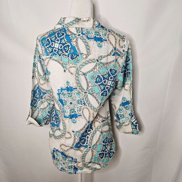 NEW JM Collection Summer Sunset Small Viscose & Linen Blue/White Print Blouse - Picture 4 of 9